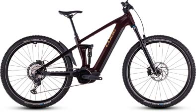 Si vede una e-bike Cube Stereo Hybrid ONE22 SLX di colore rosso scuro.