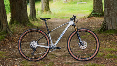 Si vede una mountain bike Cube argentata su un sentiero nel bosco.