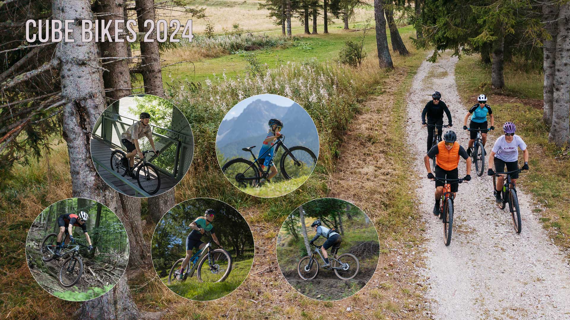 Banner con il titolo Cube Bikes 2024 con immagini di ciclisti su diverse biciclette Cube, tra cui gravel bike, biciclette per bambini, mountain bike e full suspension.