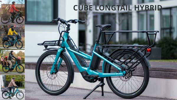 È possibile vedere un piccolo collage di immagini intitolato Cube Longtail Hybrid. Su di esso è raffigurata la bicicletta da carico blu Cube con diverse possibilità di utilizzo.