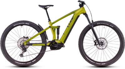 È possibile vedere una bicicletta elettrica Cube Stereo Hybrid ONE44 Pro di colore giallo.