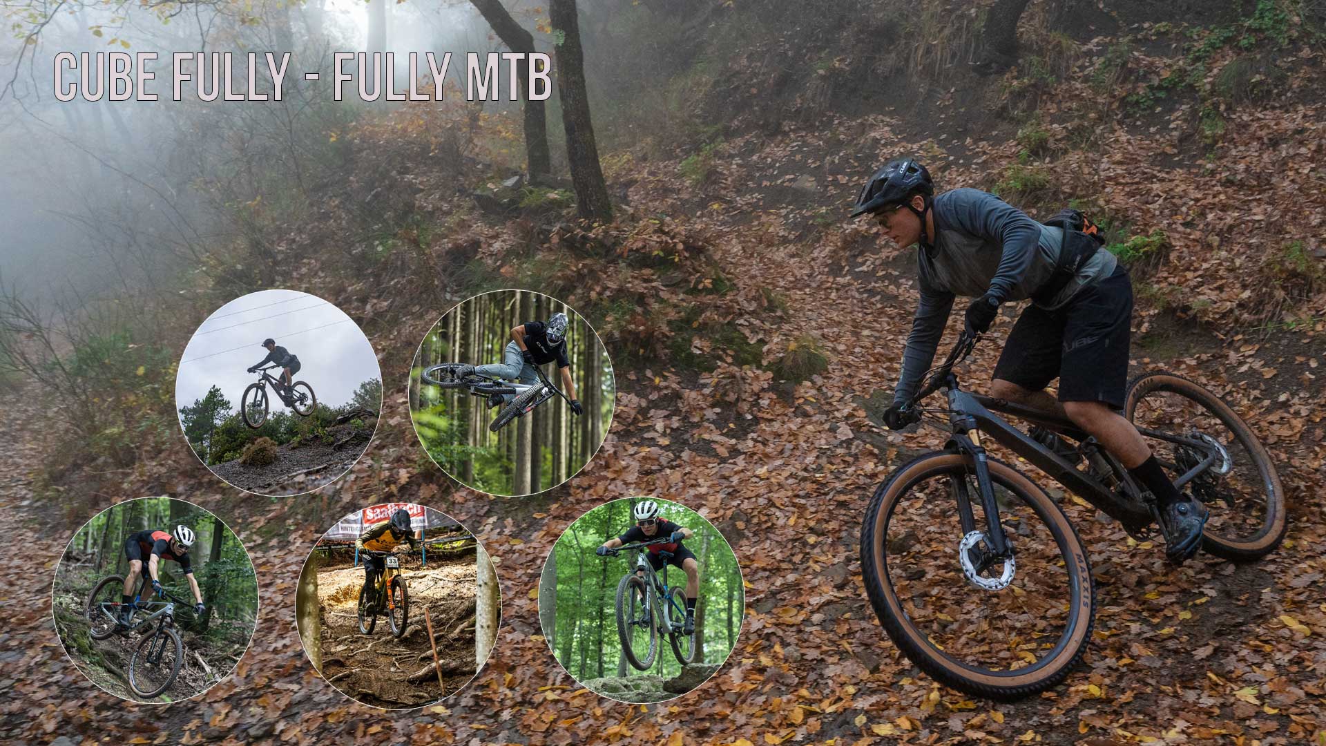 Si vede un collage di immagini intitolato Cube Fully - Fully MTB, che ritrae ciclisti di downhill in pose impressionanti.