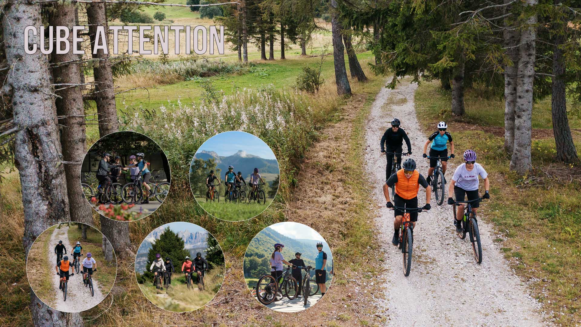 Ciclisti con mountain bike Cube Attention Hardtail. Cinque immagini circolari mostrano ciclisti con mountain bike Cube Attention Hardtail in diverse scene.