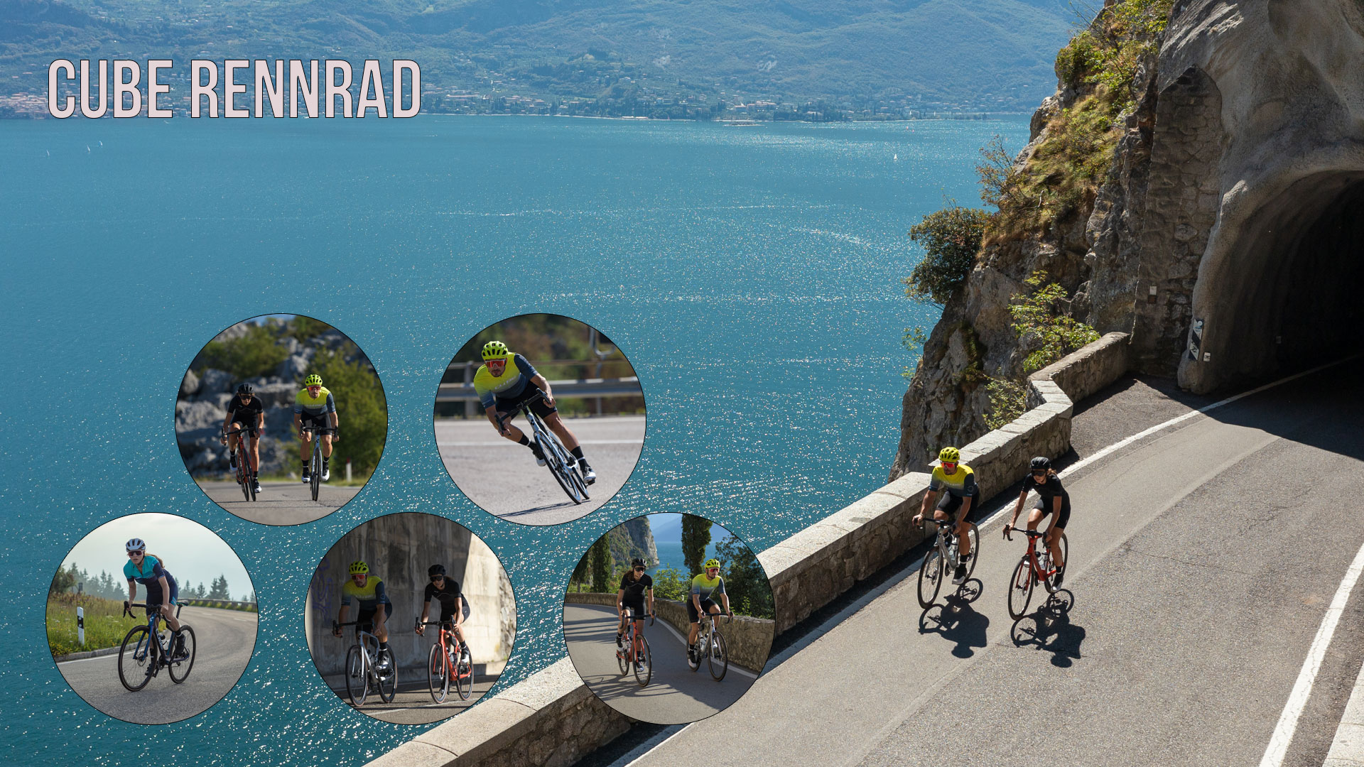 Si vede un collage di immagini intitolato Cube Rennrad (Bicicletta da corsa Cube). Vi sono raffigurati diversi ciclisti su biciclette da corsa.