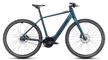 Si vede una e-bike blu Cube Editor Hybrid SLT.