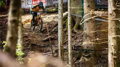 Un ciclista di downhill scende lungo un pendio disseminato di radici.