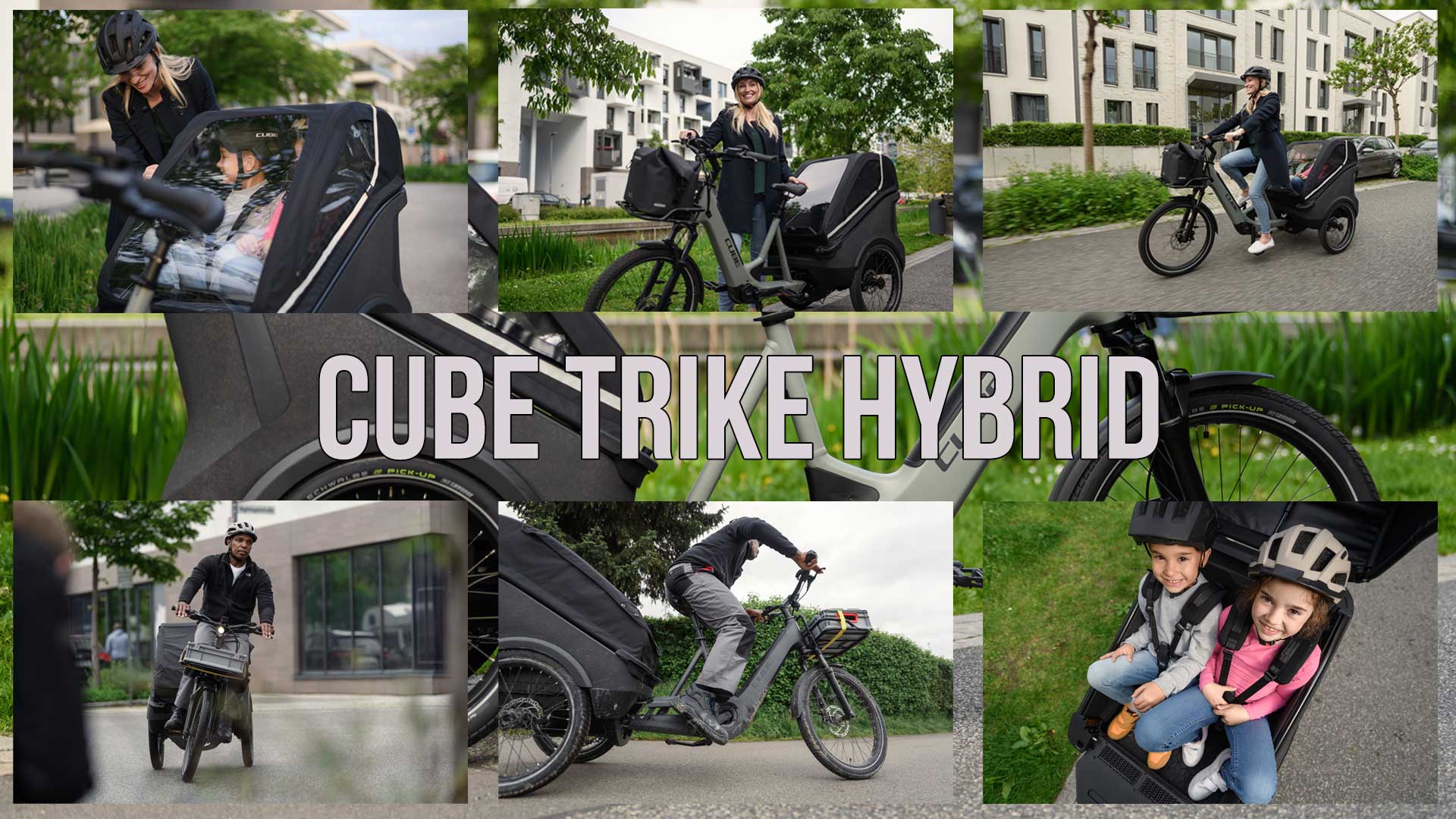 È possibile vedere un collage di immagini intitolato Cube Trike Hybrid, che mostra la bicicletta da carico Cube Trike in diversi ambiti di utilizzo.