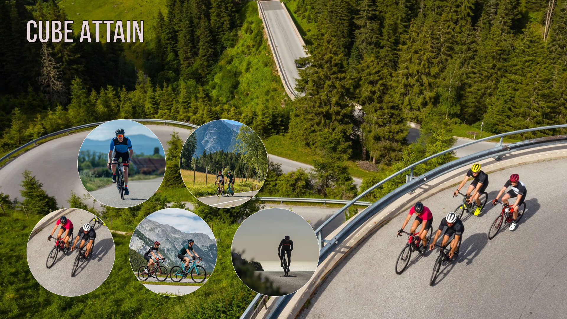 Striscione con la scritta Cube Attain. Quattro ciclisti pedalano su una superstrada con biciclette da corsa Cube Attain. Cinque immagini circolari li ritraggono anch'essi su superstrade.