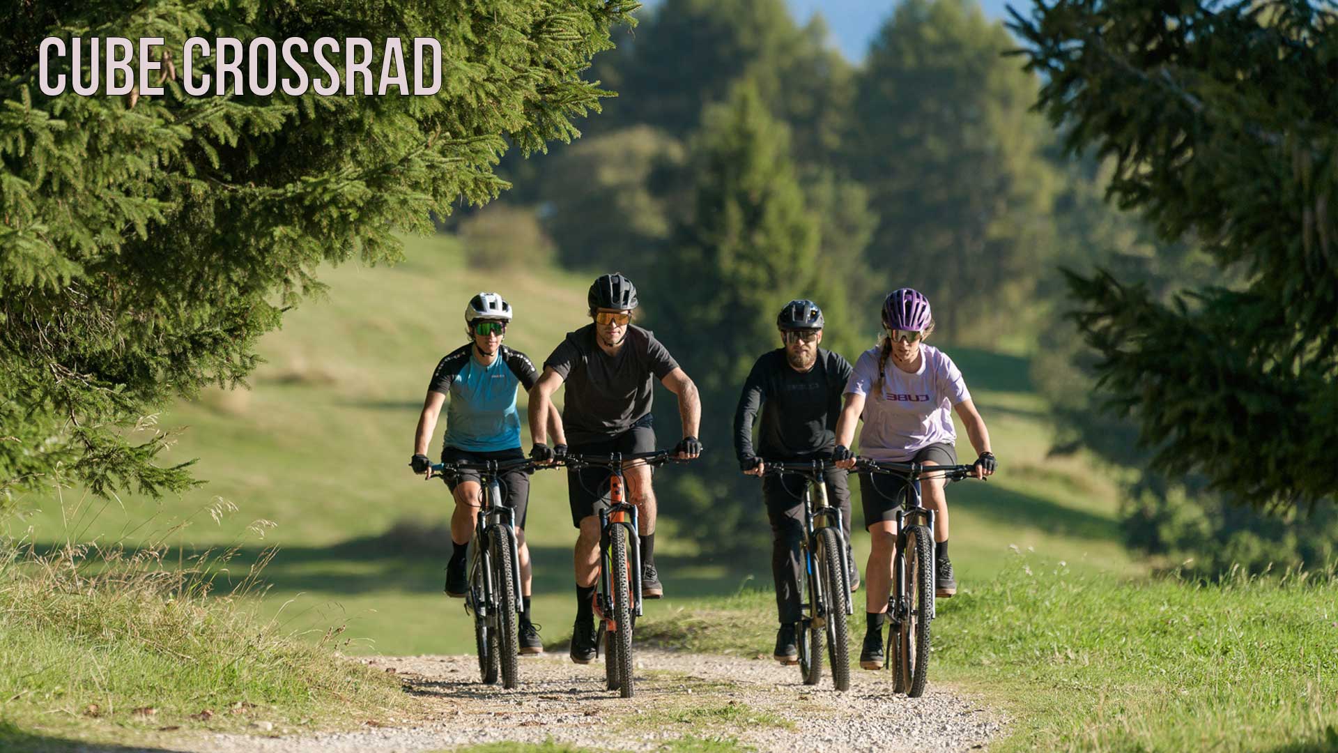 Si vede un gruppo di ciclisti che percorrono una strada forestale. L'immagine è accompagnata dalla didascalia