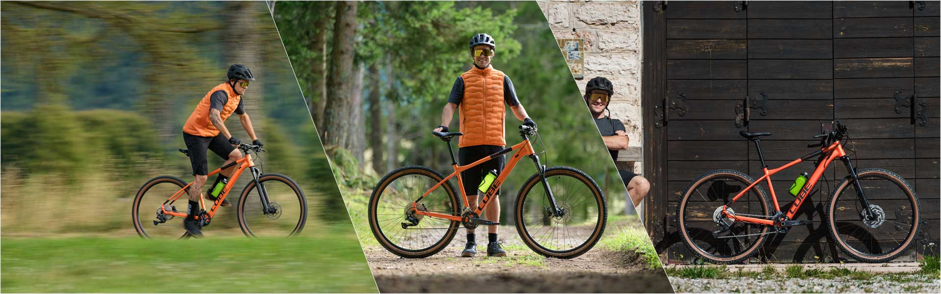 Banner con tre immagini separate da linee bianche. A sinistra, un ciclista sta pedalando in piedi su una mountain bike Cube Attention Hardtail. Al centro, è in piedi dietro la bicicletta e la tiene ferma. A destra, è seduto su una panchina con la Cube Attention appoggiata al muro.