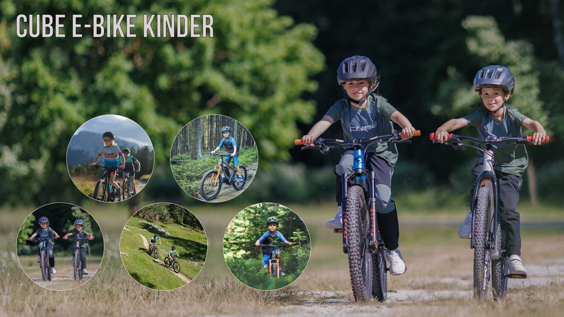 Si vede un collage di immagini intitolato Cube E-Bike Kinder (Biciclette elettriche per bambini). Vi sono raffigurate diverse immagini di bambini in bicicletta in paesaggi diversi.