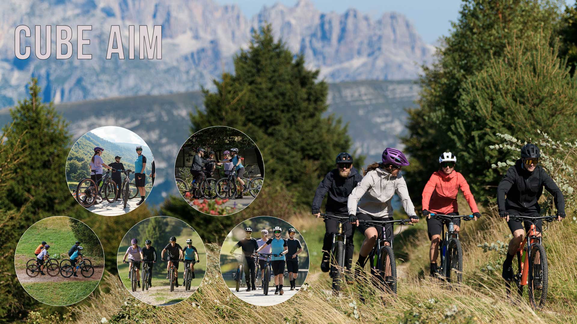 Striscione con la scritta Cube Aim. Sullo sfondo, due donne e due uomini pedalano su mountain bike Cube Aim. Cinque piccole immagini circolari mostrano quattro ciclisti con biciclette Cube Aim.