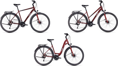 Tre biciclette Cube Touring EXC affiancate: una con telaio a diamante, una con telaio trapezoidale e una con telaio ribassato.