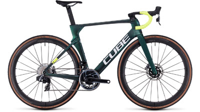 Bicicletta da corsa Cube Litening AERO C:68X SLX in verde scuro.