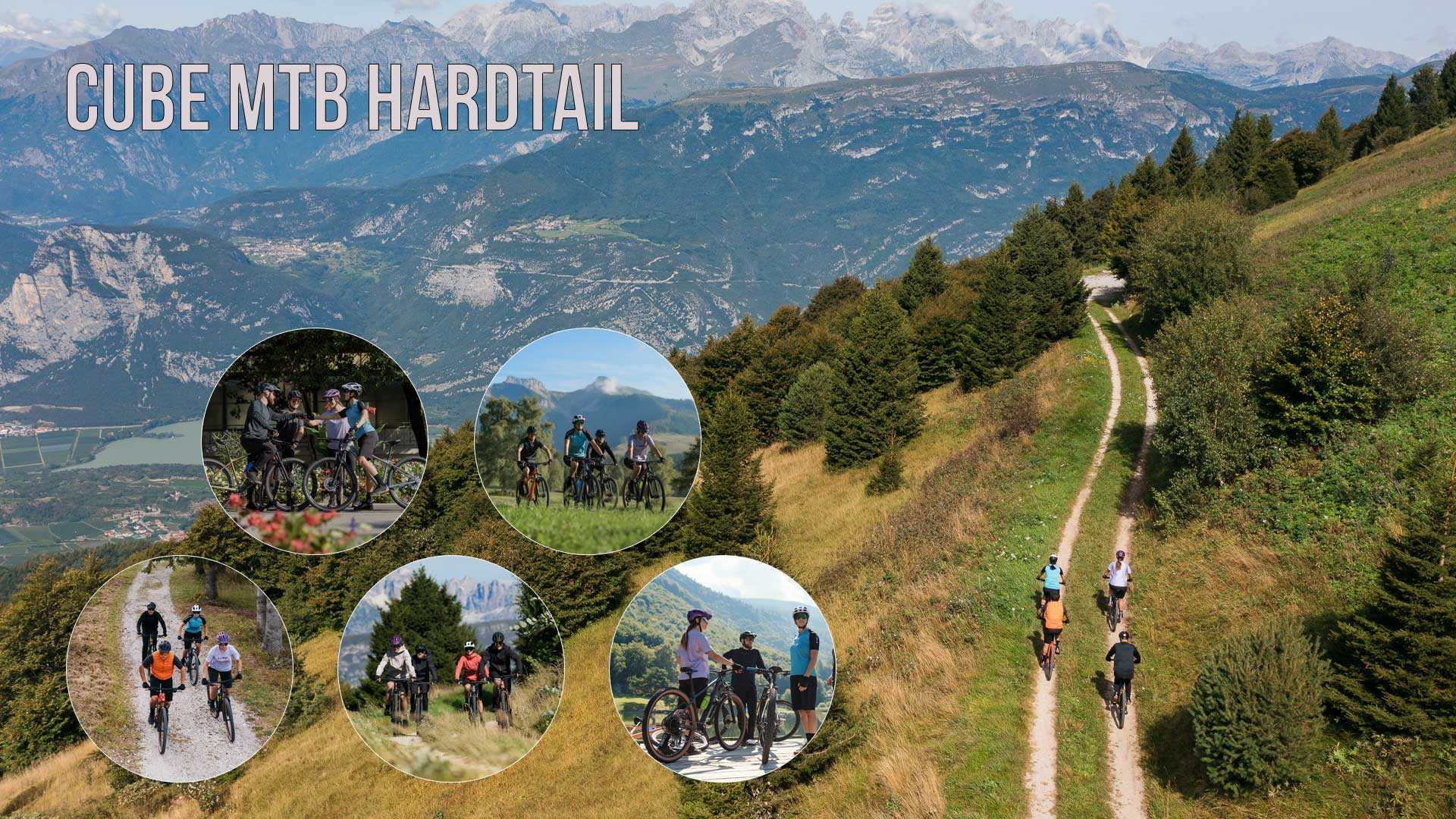 Si vede un collage di immagini intitolato Cube Mtb Hardtail, che raffigura gruppi di persone che vanno in bicicletta insieme.