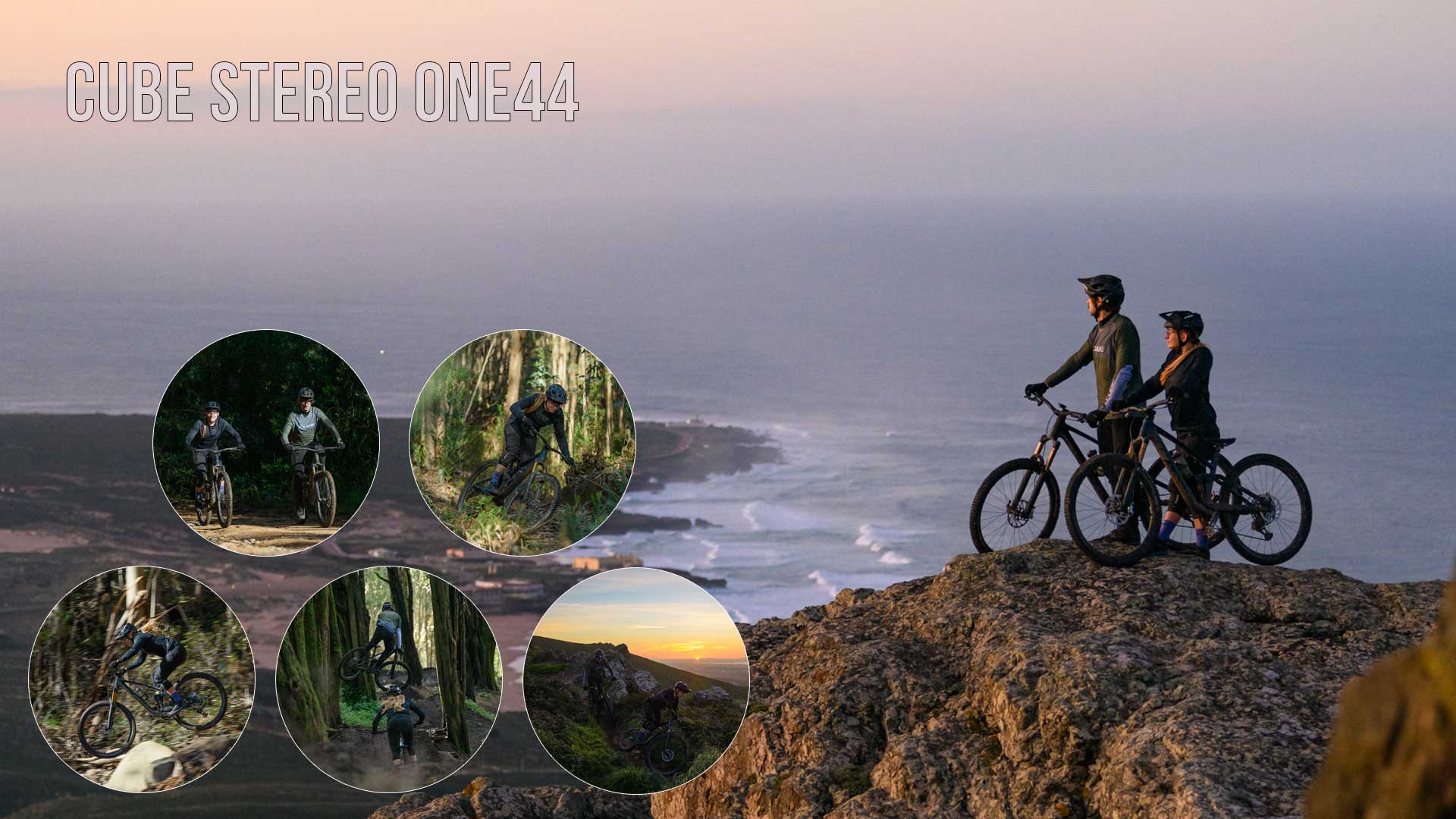 Banner con il titolo Cube Stereo ONE44. Un ciclista e una ciclista in sella alle loro mountain bike Cube Stereo ONE44 Fully sono in piedi su una roccia con vista sul mare. Cinque immagini circolari li ritraggono mentre pedalano nel bosco, in parte insieme, in parte da soli.
