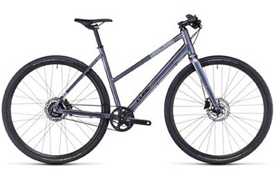 Cube Hyde cyclette con telaio trapezoidale in argento.