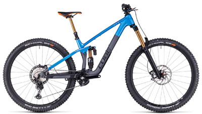 Cube Stereo ONE55 C:62 SLT Fully Mountain Bike in blu con telaio inferiore grigio.