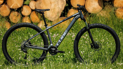 Si vede una mountain bike Cube grigia, in piedi su un prato. Sullo sfondo sono accatastati dei tronchi.