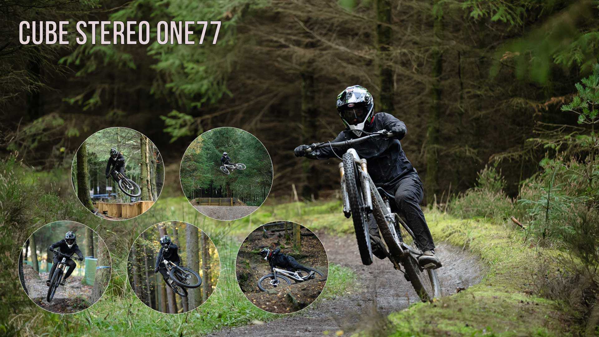 Banner con il titolo Cube Stereo ONE77. Un ciclista con casco integrale pedala sulla ruota posteriore di una mountain bike Cube Stereo ONE77 Fully, con la ruota anteriore sollevata da terra. Cinque immagini circolari lo ritraggono nel bosco, in tre delle quali mentre salta in aria.