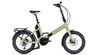 Si vede una e-bike Cube Fold Hybrid 500 di colore beige.
