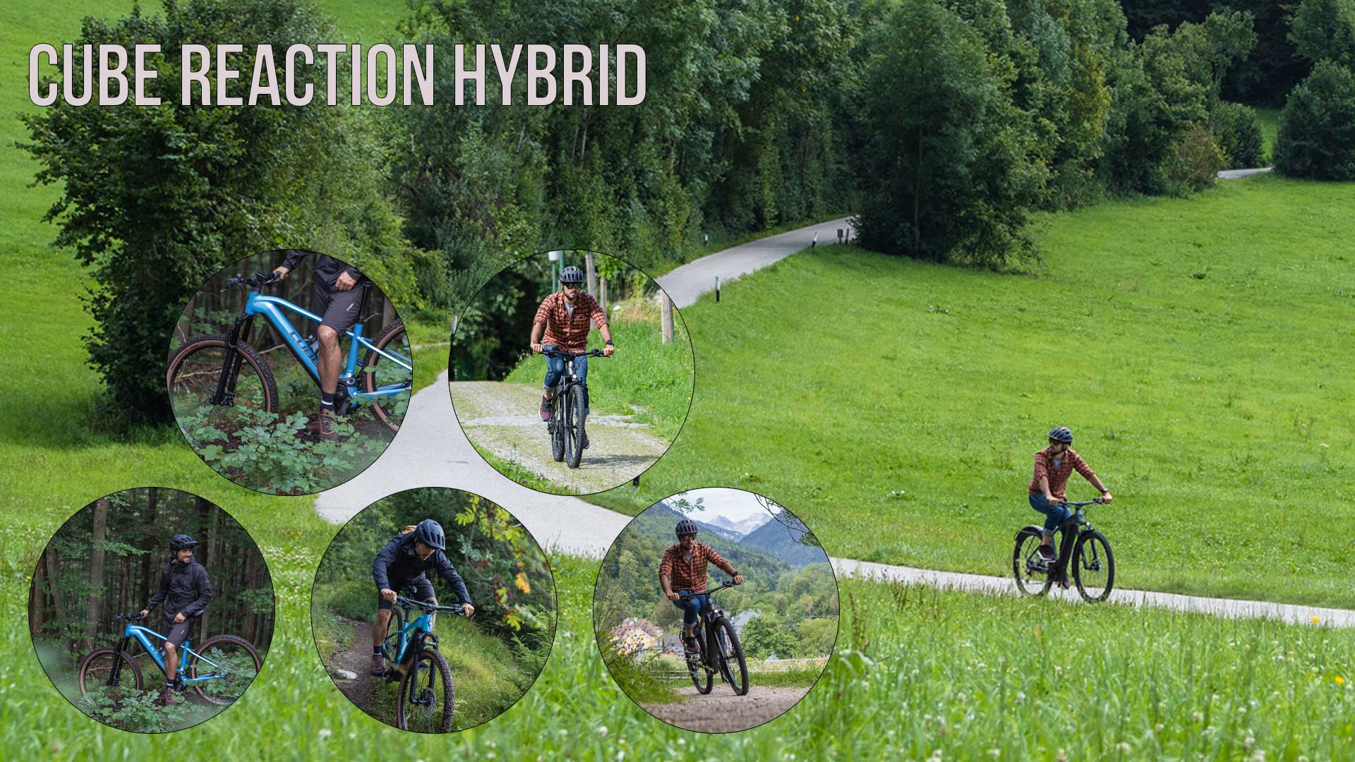 Si vede un collage di immagini intitolato Cube Reaction Hybrid. Vi sono raffigurati diversi ciclisti che pedalano in una zona rurale.