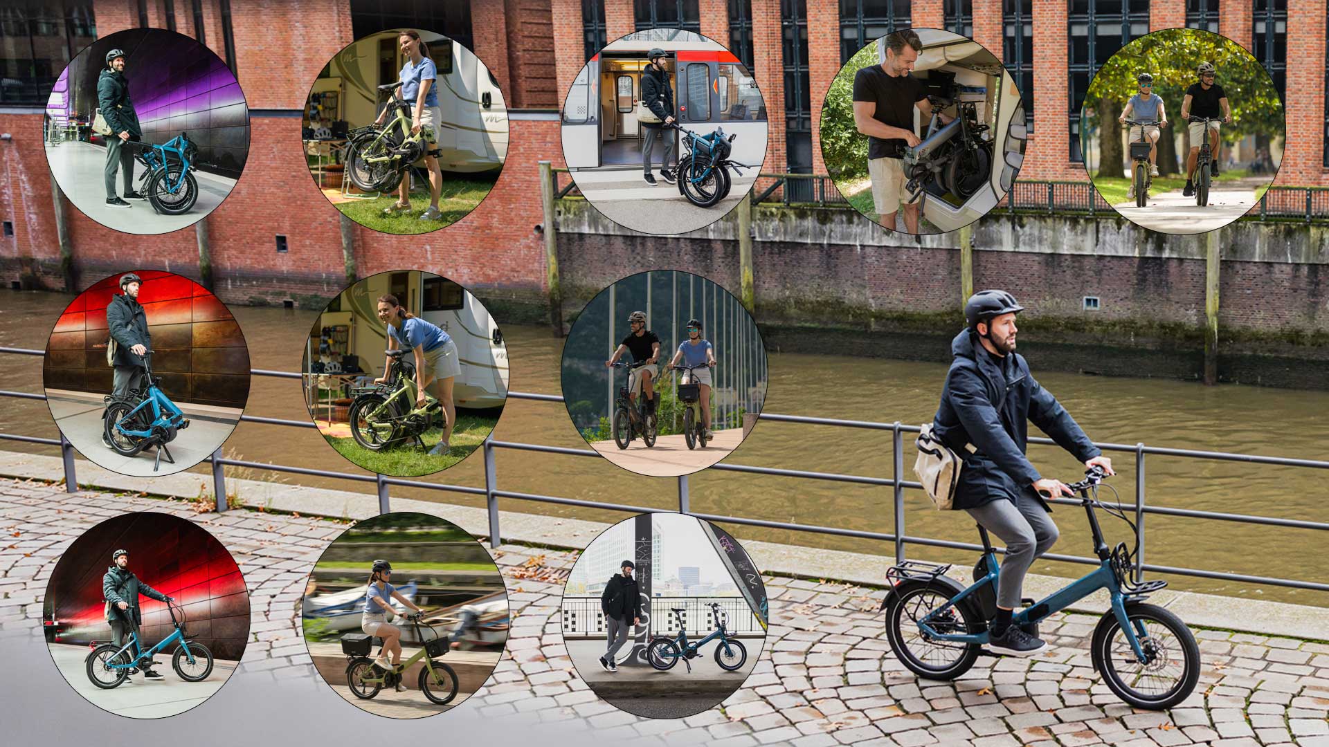 Si vede un collage di immagini di persone che si spostano con una bicicletta pieghevole in diverse situazioni.