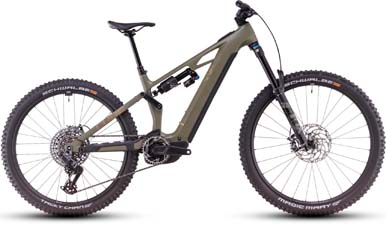 Si vede una bicicletta elettrica marrone Cube Stereo Hybrid ONE77 HPC TM.