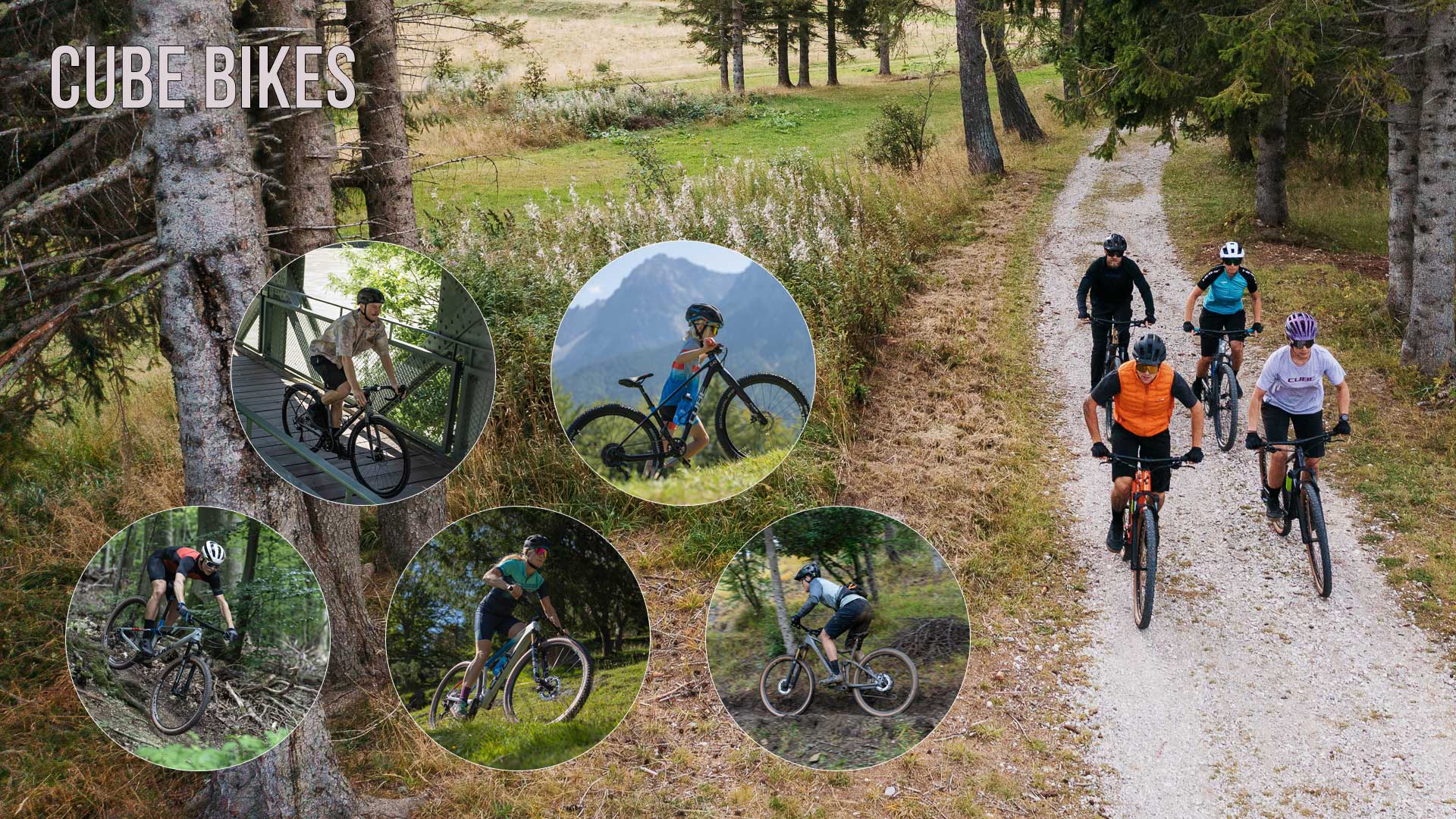Si vede un collage di immagini intitolato Cube Bikes. Su di esso sono raffigurate diverse immagini di persone in bicicletta.