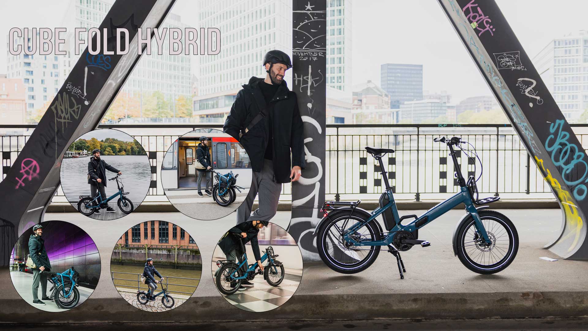 Si vede un collage di immagini intitolato Cube Fold Hybrid, che raffigura diversi ciclisti con la Cube Fold Hybrid in scene urbane.