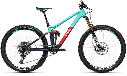 Mountain bike Cube Fully da donna in verde turchese e rosso.