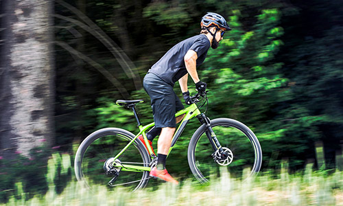 Ciclista in piedi su una mountain bike hardtail verde che attraversa un paesaggio naturale verdeggiante.