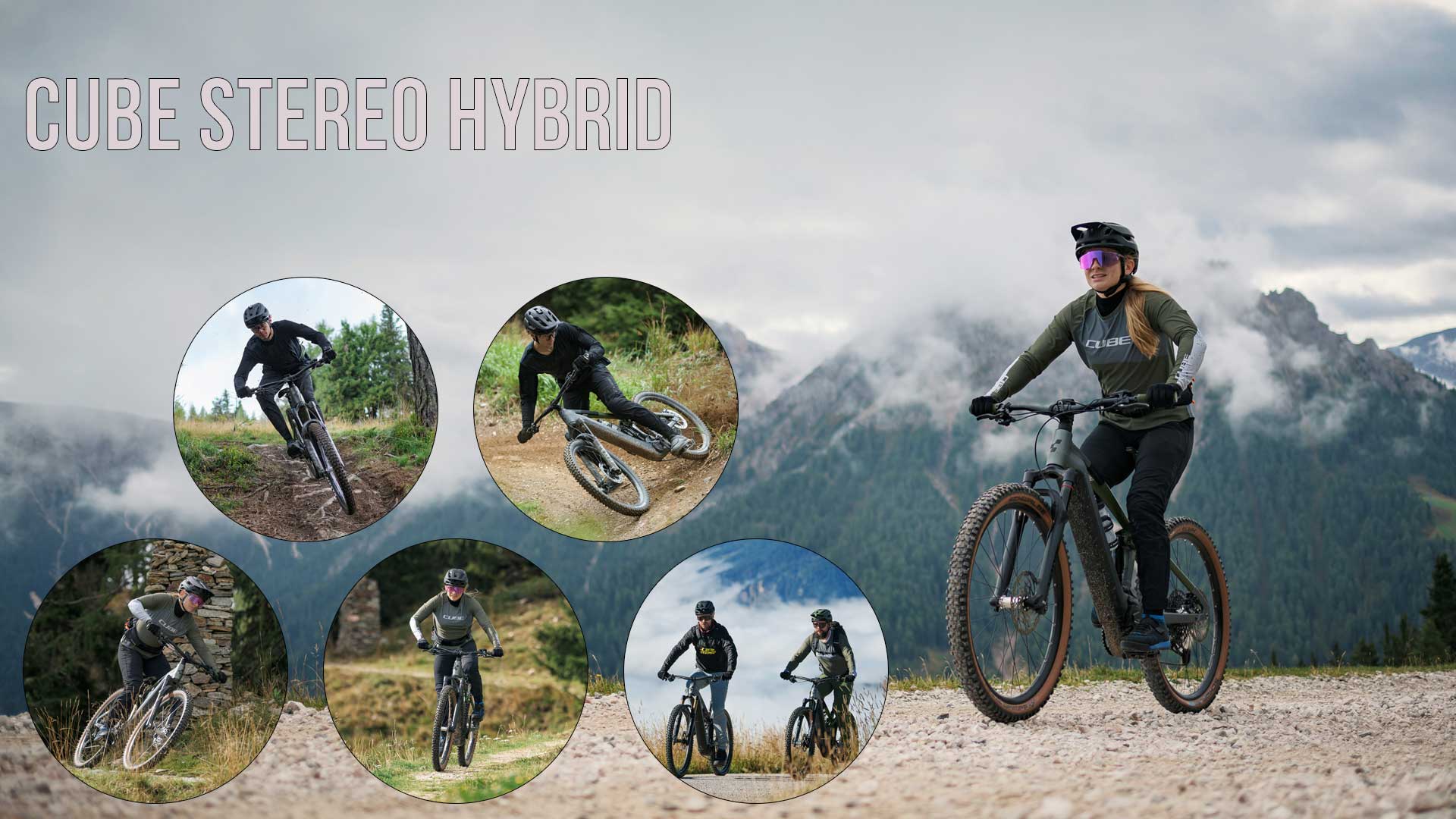 Si vede un collage di immagini intitolato Cube Stereo Hybrid. Vi sono raffigurati diversi ciclisti che pedalano in un paesaggio montuoso e boscoso.