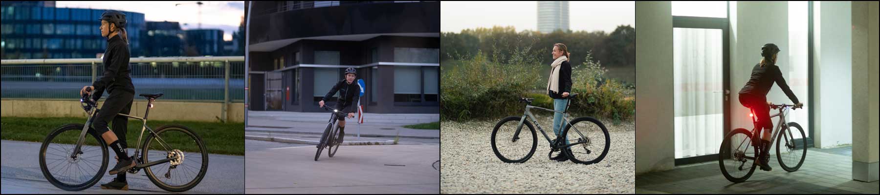 Banner con quattro immagini di una ciclista con una bicicletta Cube Nulane in diverse situazioni su strada.