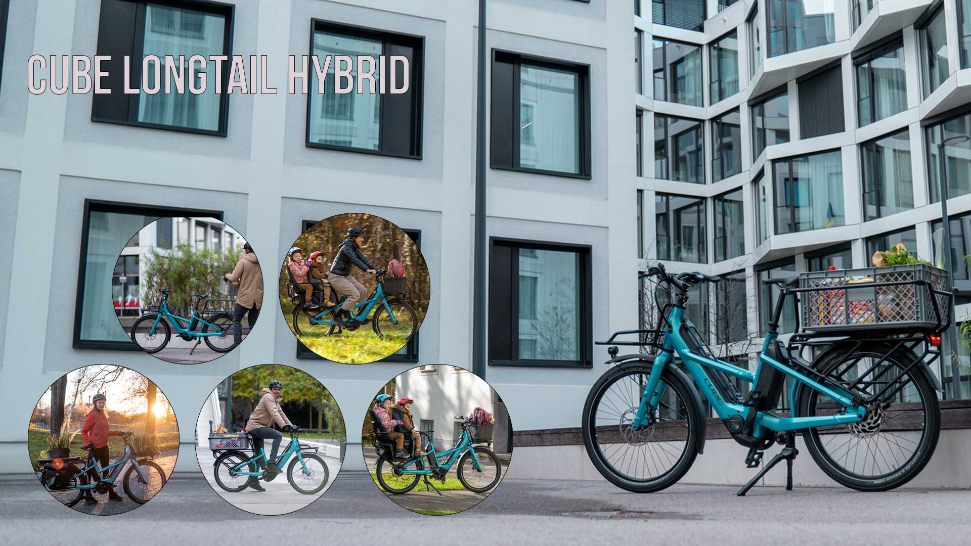 Si vede un collage di immagini intitolato Cube Longtail Hybride, che raffigura diversi ciclisti con la Cube Longtail in un contesto urbano.