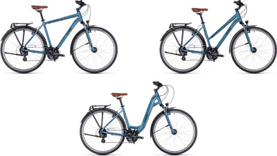 Tre biciclette Cube Touring One affiancate: una con telaio a diamante, una con telaio trapezoidale e una con telaio ribassato.
