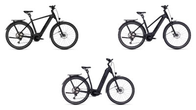 Si vede una bicicletta elettrica Cube Kathmandu Hybrid 45 di colore grigio.