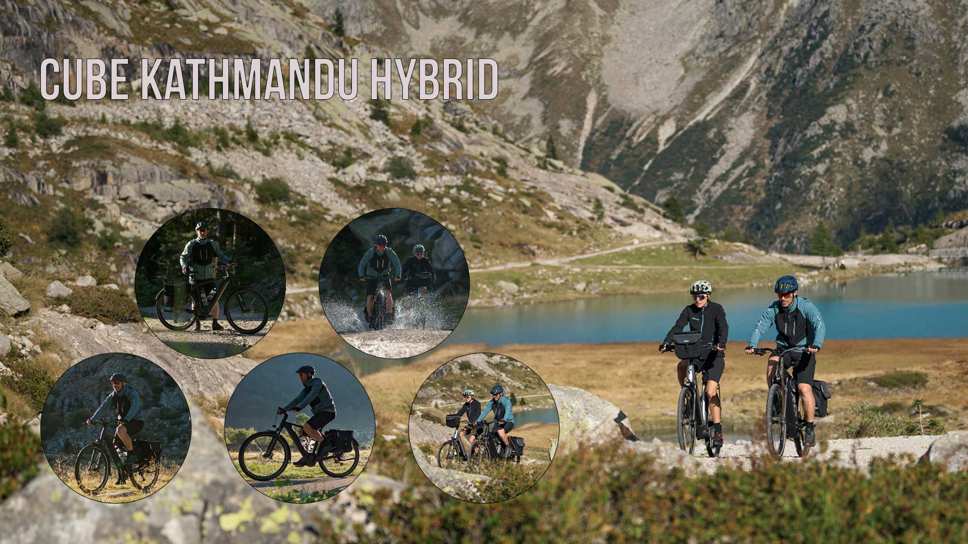 Si vede un collage di immagini intitolato Cube Kathmandu Hybrid, che raffigura diversi ciclisti con la Cube Kathmandu Hybrid in un paesaggio montuoso.