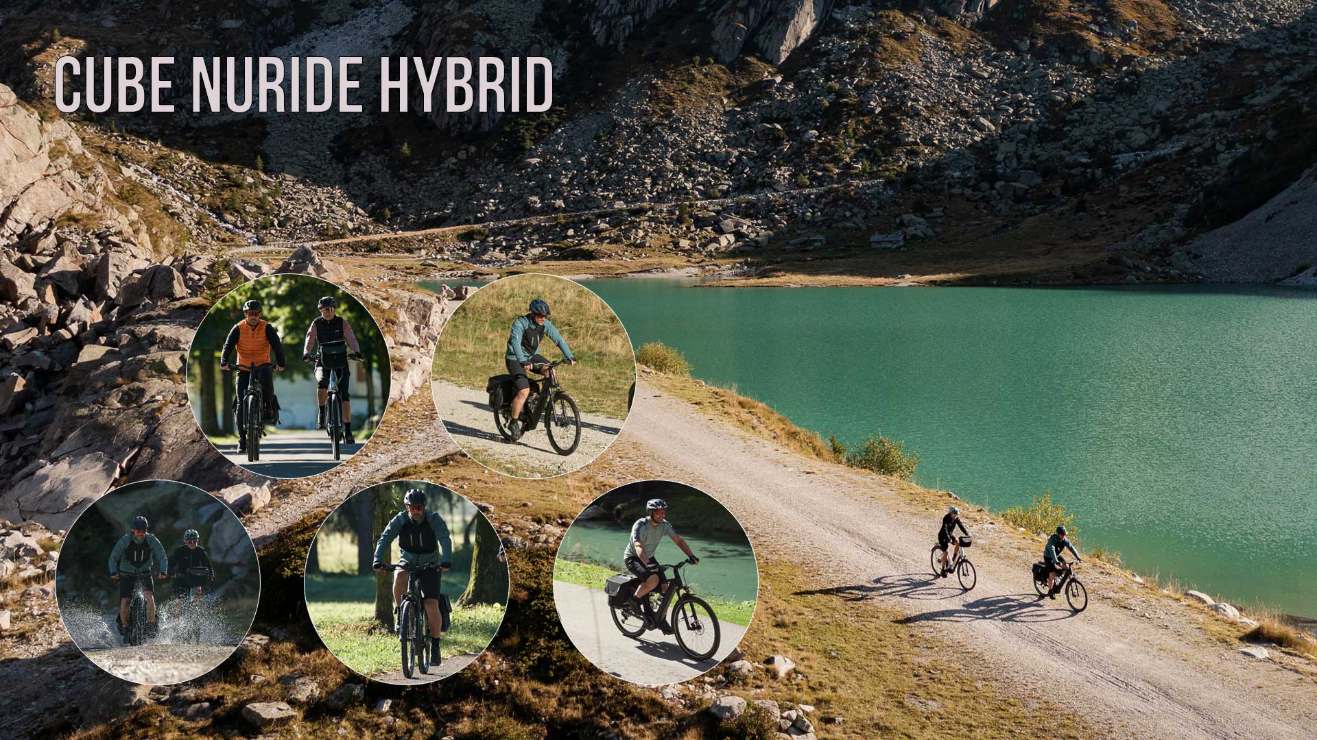 Si vede un collage di immagini intitolato Cube Nuride Hybrid, che raffigura diversi ciclisti con la Cube Nuride Hybrid in diversi contesti.