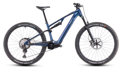 Si vede una bicicletta Cube AMS Hybrid di colore blu scuro.