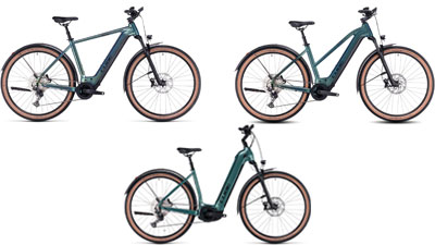 Sono esposte tre e-bike Cube Nuride Hybrid di colore verde, ciascuna con telaio a diamante, telaio trapezoidale e telaio a scavalco basso.