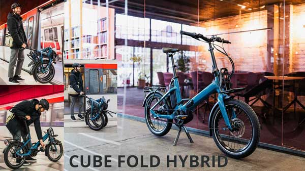 Si vede un piccolo collage di immagini intitolato Cube Fold Hybrid. Su di esso è raffigurata la bicicletta pieghevole blu Cube in diverse situazioni quotidiane.