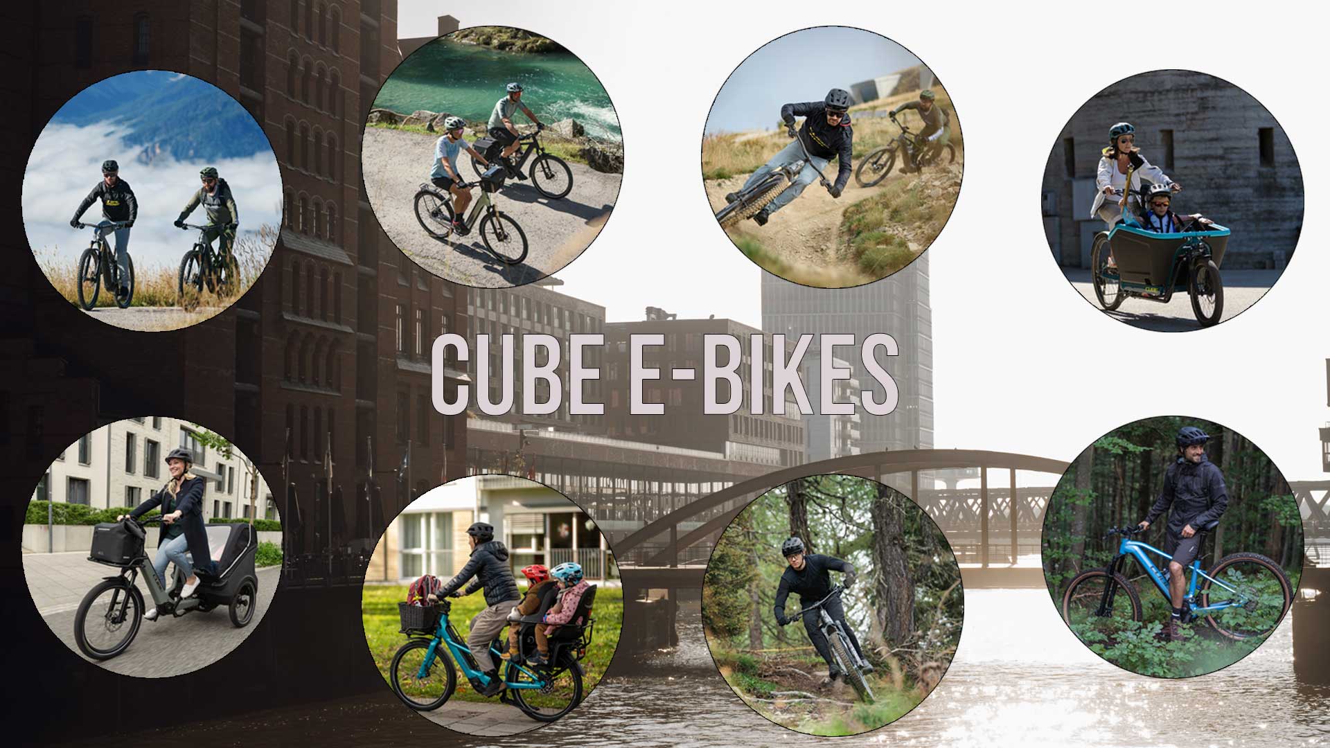 Si vede un collage di immagini dal titolo Cube E-Bikes. Vi sono raffigurati ciclisti su e-bike in diverse situazioni.