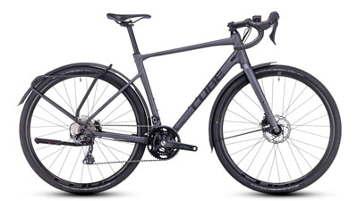 Bicicletta gravel Cube Nuroad Race FE in grigio scuro.