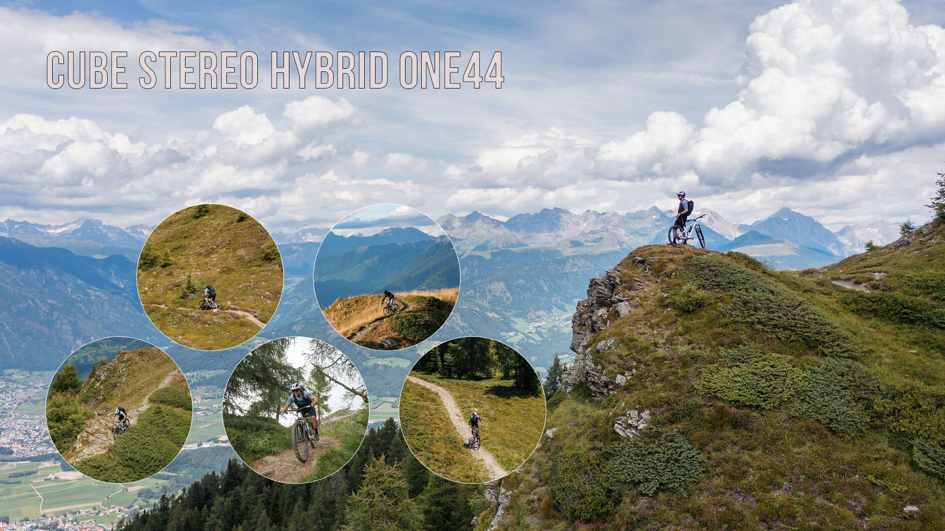 Si vede un collage di immagini intitolato Cube Stereo Hybrid ONE44, che raffigura diversi ciclisti in un paesaggio montuoso.