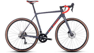 Bicicletta da corsa Cube Cross Race Pro in grigio con scritta arancione.