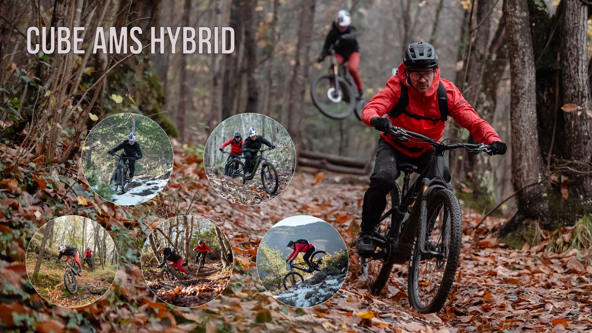 Si vede un collage di immagini intitolato Cube AMS Hybrid. Vi sono raffigurati diversi ciclisti che pedalano nei boschi.